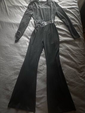 Long-Sleeve grey Jumpsuit with open back,  clear belt crystal “Flower”